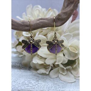 Gold plate Iridescent Dragonfly Wire Purple Earrings Fall Gift Mom Birthday Wife